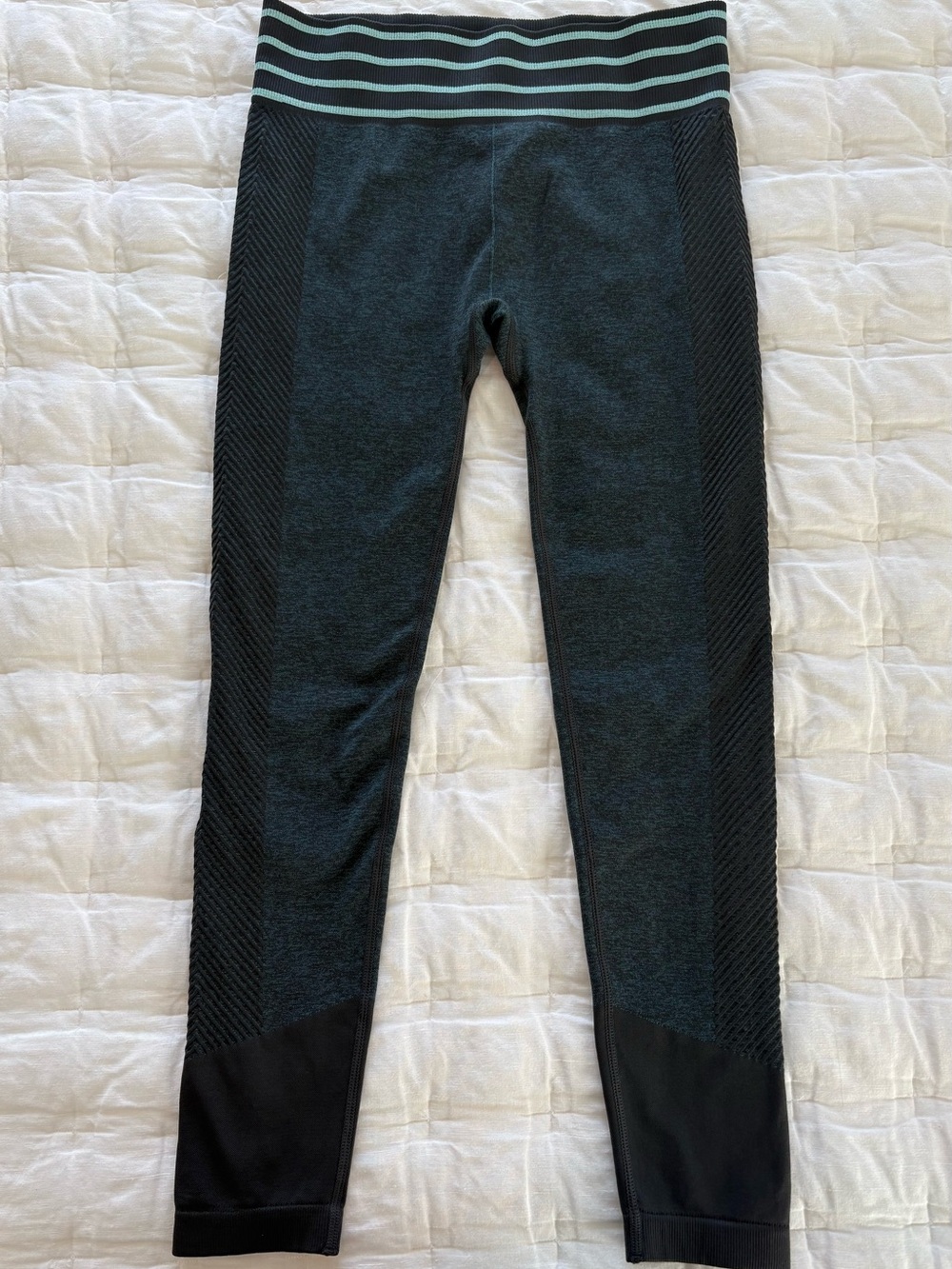 Fabletics Turquoise Heather Leggings with Teal-Striped Waistband